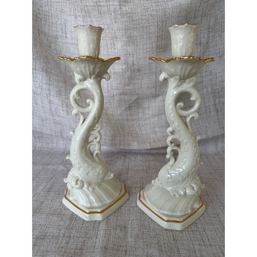 Lenox Dolphin Candlestick Set Legacy Edition Ivory Gold Trim 10.5" Excellent